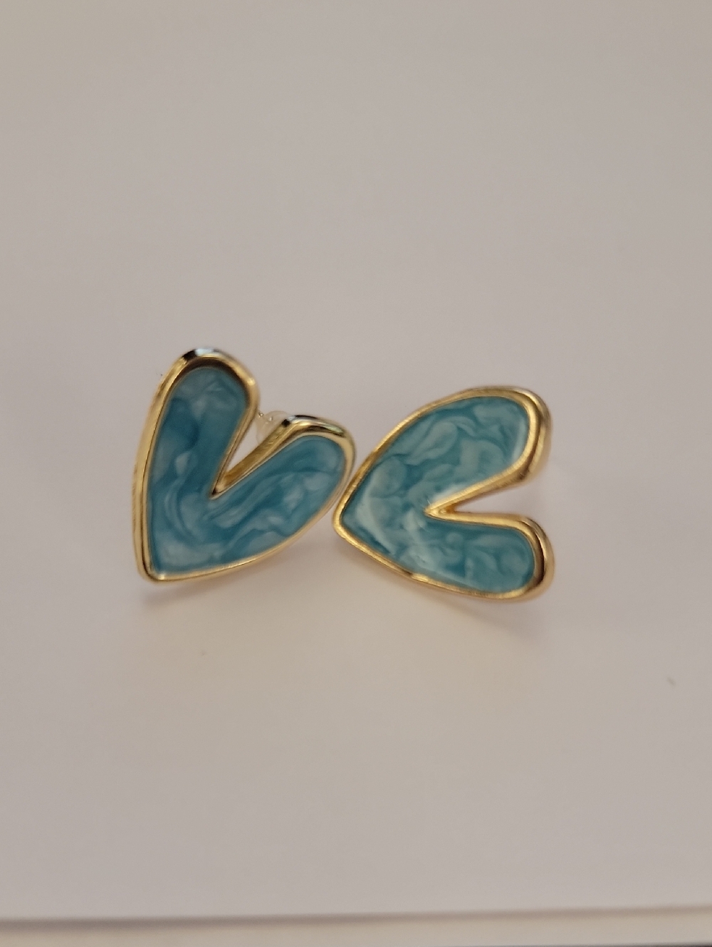 Blue Enamel Heart Stud Earrings - Gold Trim